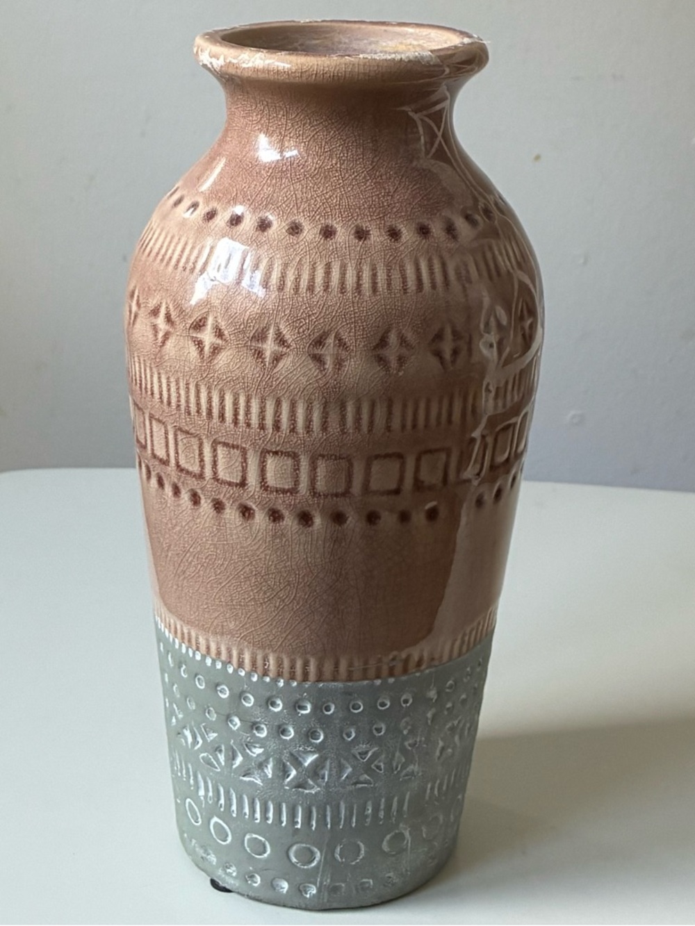 Ceramic Textured Vase in Dusty Pink and Gray